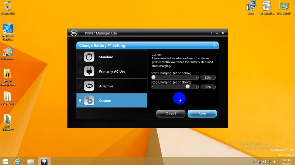 tùy chỉnh mức sạc của pin laptop dell